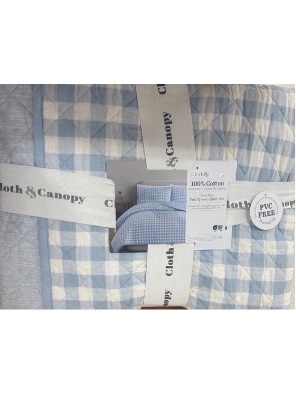 Cloth & Canopy Cotton Reversible Full/Queen Blue and White Quilt Set 88”x92”